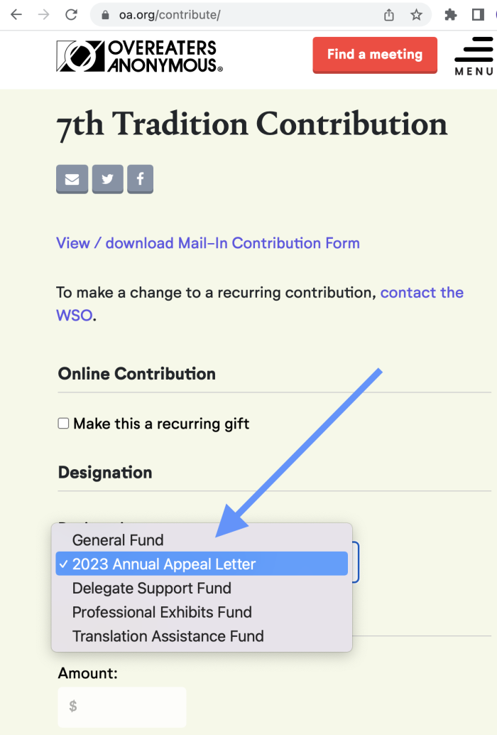Screen shot of "2023 Annual Appeal Letter" option at oa.org/contribute.